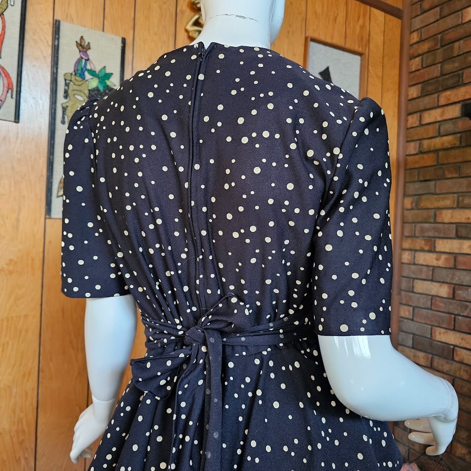 Vintage 80s New Wave Granny Polka Dot Peplum Secretary Lace Bib Day Dress M/L