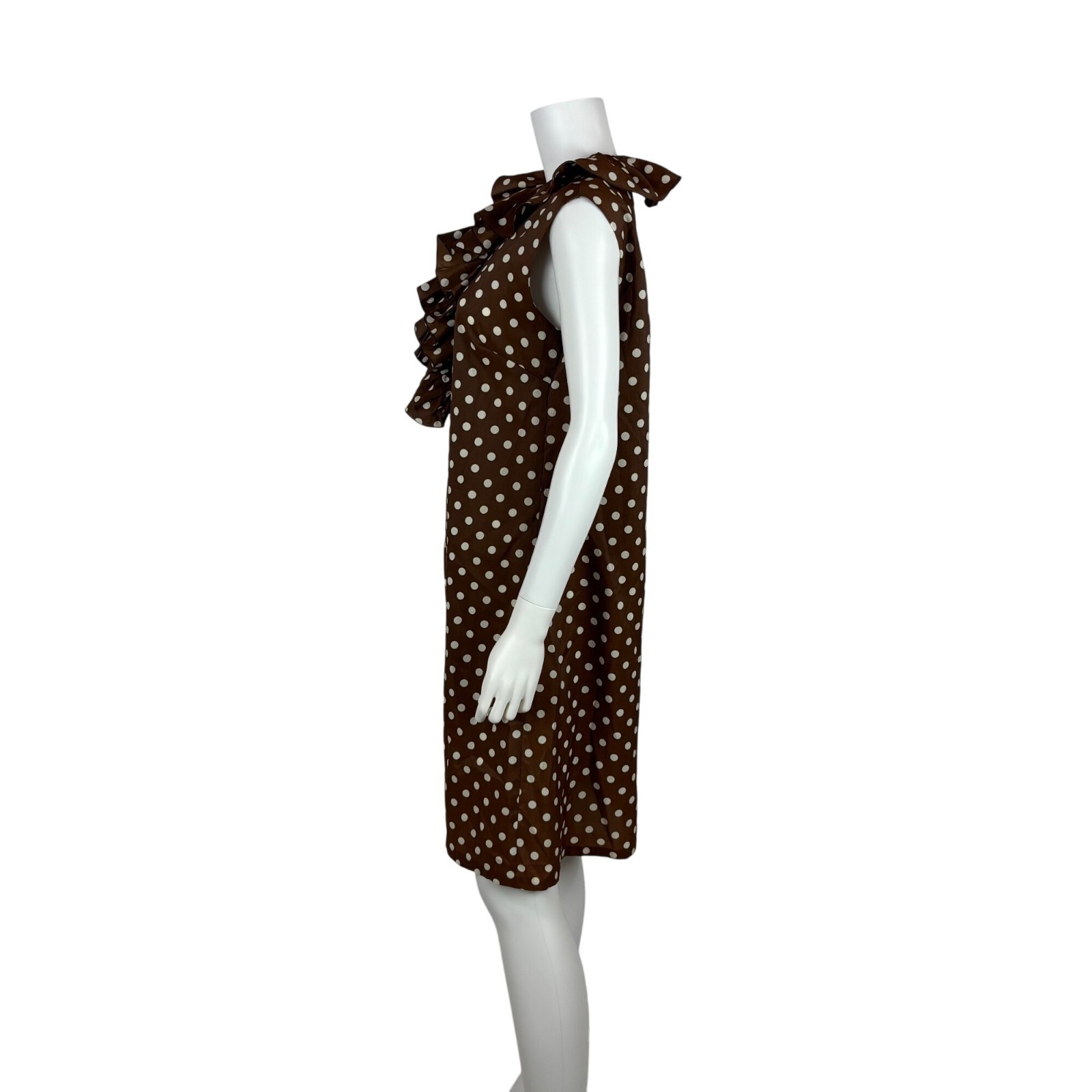 Vintage 60s Polka Dot Dress Womens Large Brown White Ruffle Collar Shift