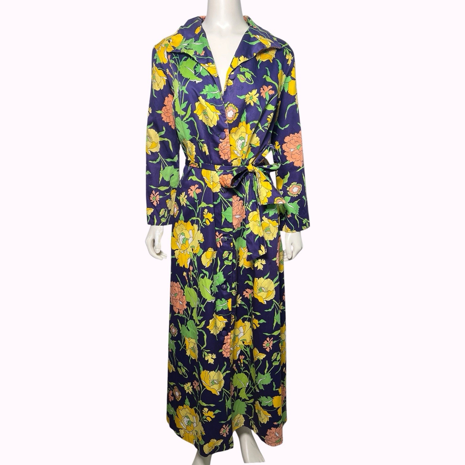 Vintage 1970s St. Michael Cotton Maxi Shirt Dress Covered Buttons