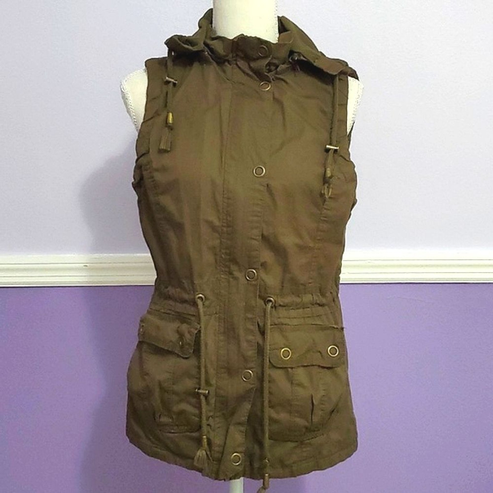 VTG Snobbish Olive Military Utility Cargo Sleeveless Hooded Tied Waist Jacket M