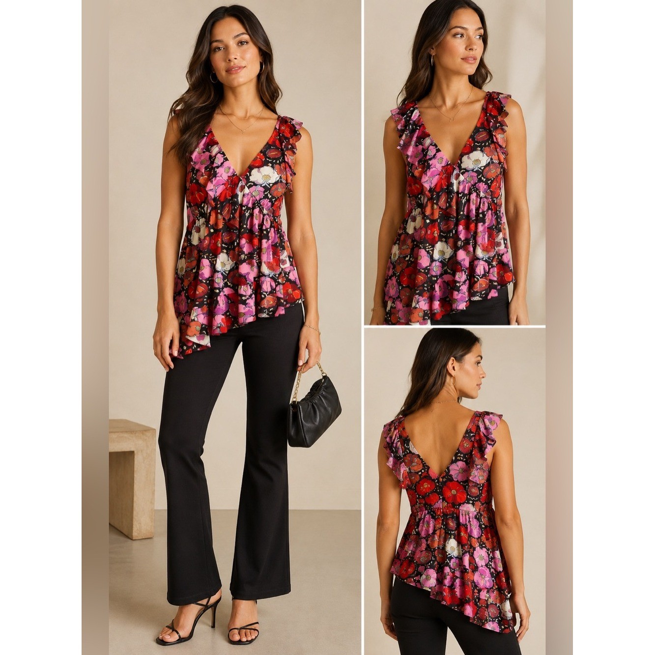 Cinq à Sept Naomi Floral Ruffle Asymmetric Top – Size Large – EUC