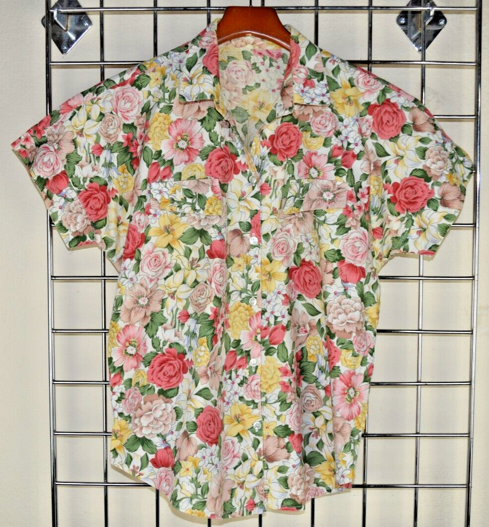 Vintage Handmade Shirt S 90s Country Floral Button Front Seamless Shoulders
