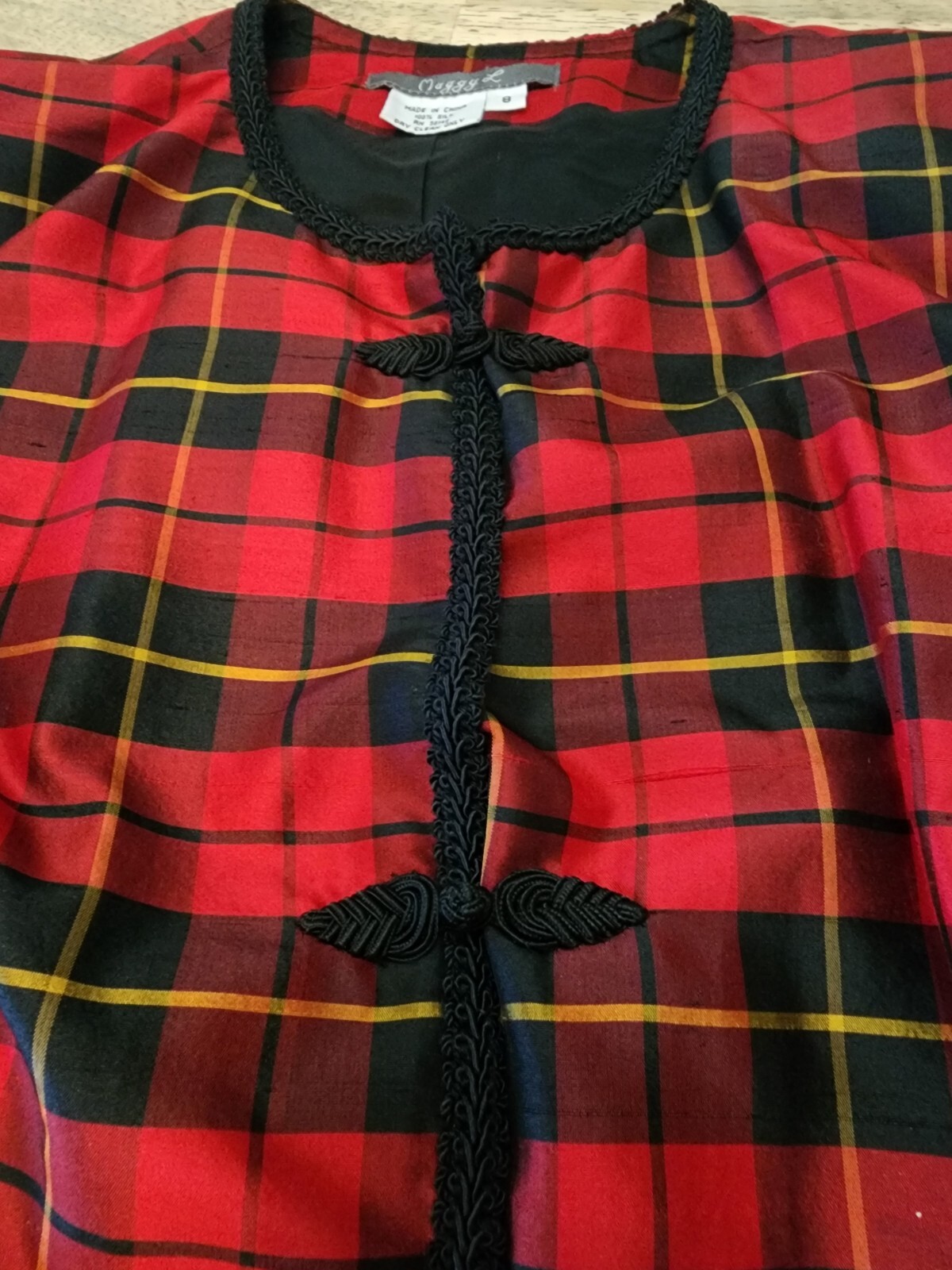 Maggy L Red Black Plaid Silk Blazer Jacket Vintage Women’s Size 8