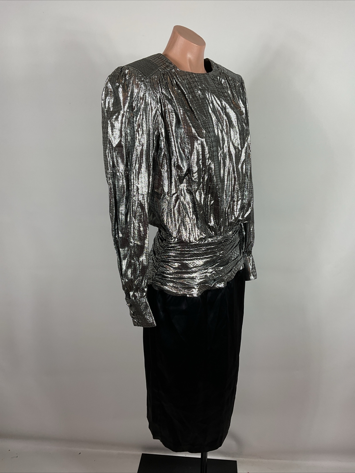 Vintage 80s Prom Dress Gown Puffy Sleeve Shiny Lame Satin Cocktail Evening 12