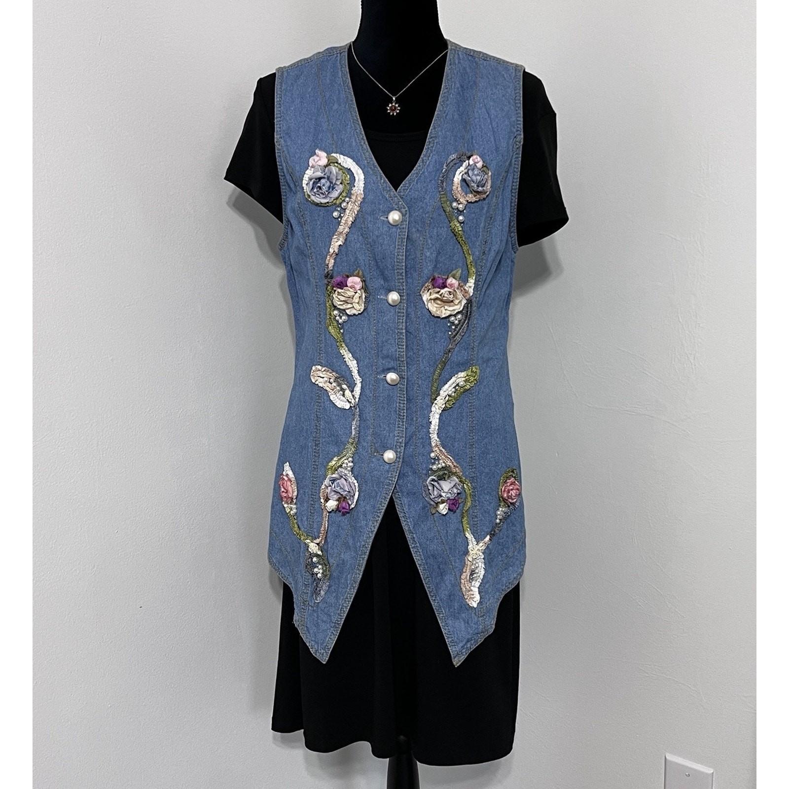 VTG Monique Fashions Denim Vest Boho Cottagecore Sz 10 Western Hippie Fairy