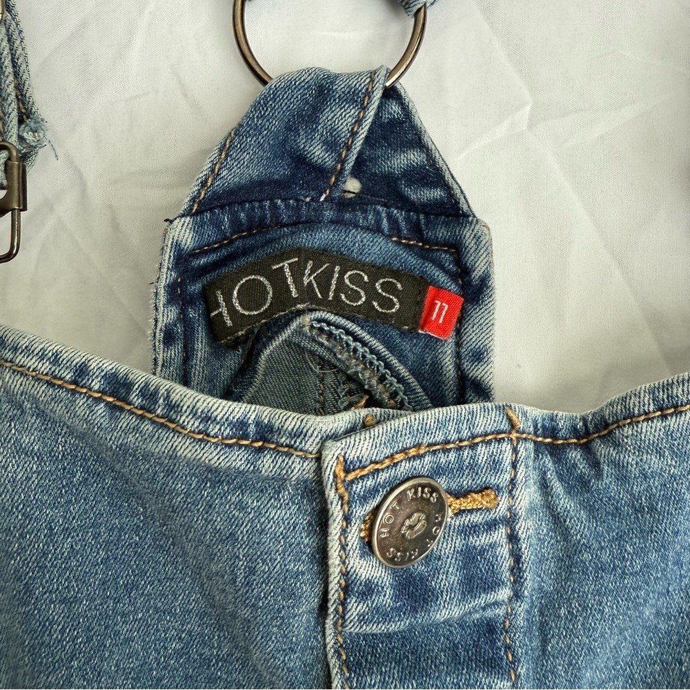 VTG Hot Kiss Y2K Button Down Bib Overall Jean Dress Mini Blue Denim Jumper Sz 11