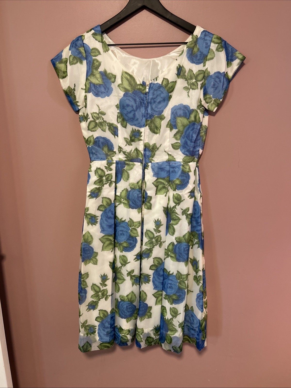 Vintage Blue Rose Print 1950’s Dress M 6 8 Sundress Party pinup Boat Neck ILGWU
