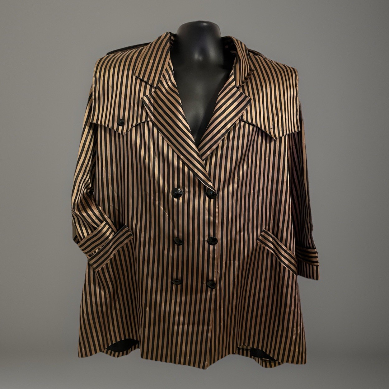 VTG 90s Cache Blazer Jacket Black Gold Striped Belted Satin Finish Mod Disco S/M