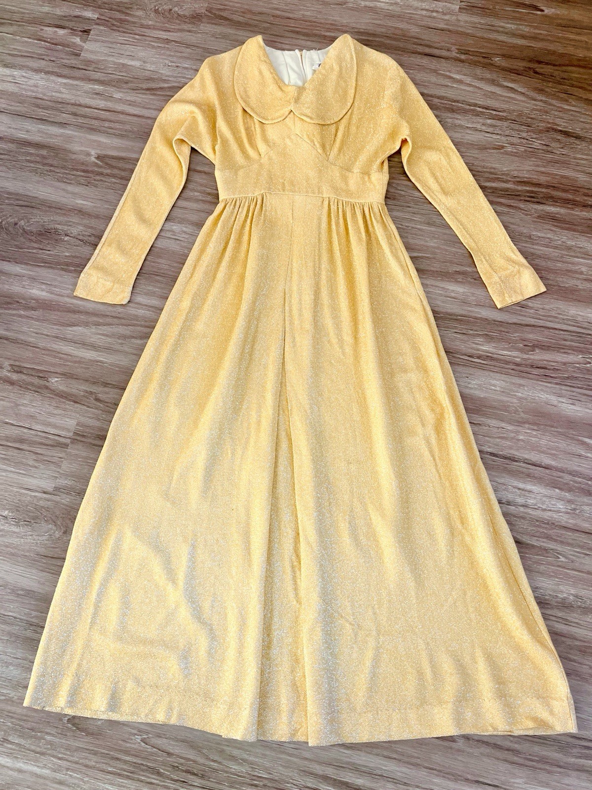 Vintage 1970s Gold Sparkly Dress Lurex Collar Glam Glamorous Maxi 70s Disco