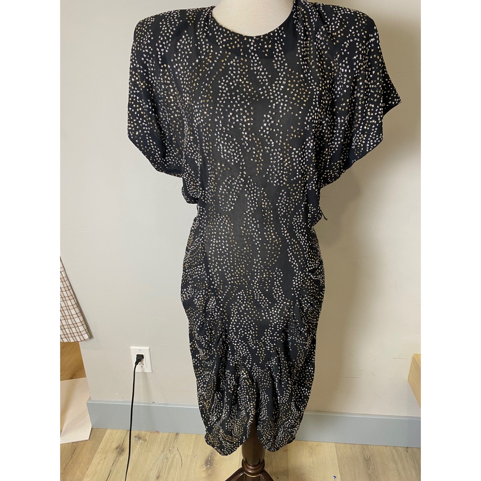 Vintage 1970s/80’s Black Metallic Gold Silver Draped Tulip Cocktail Dress Ruched