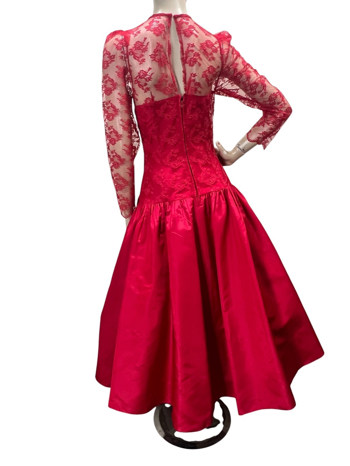 Vtg 80s Sz M~L Red Taffeta Satin Lace High Low Prom Dress