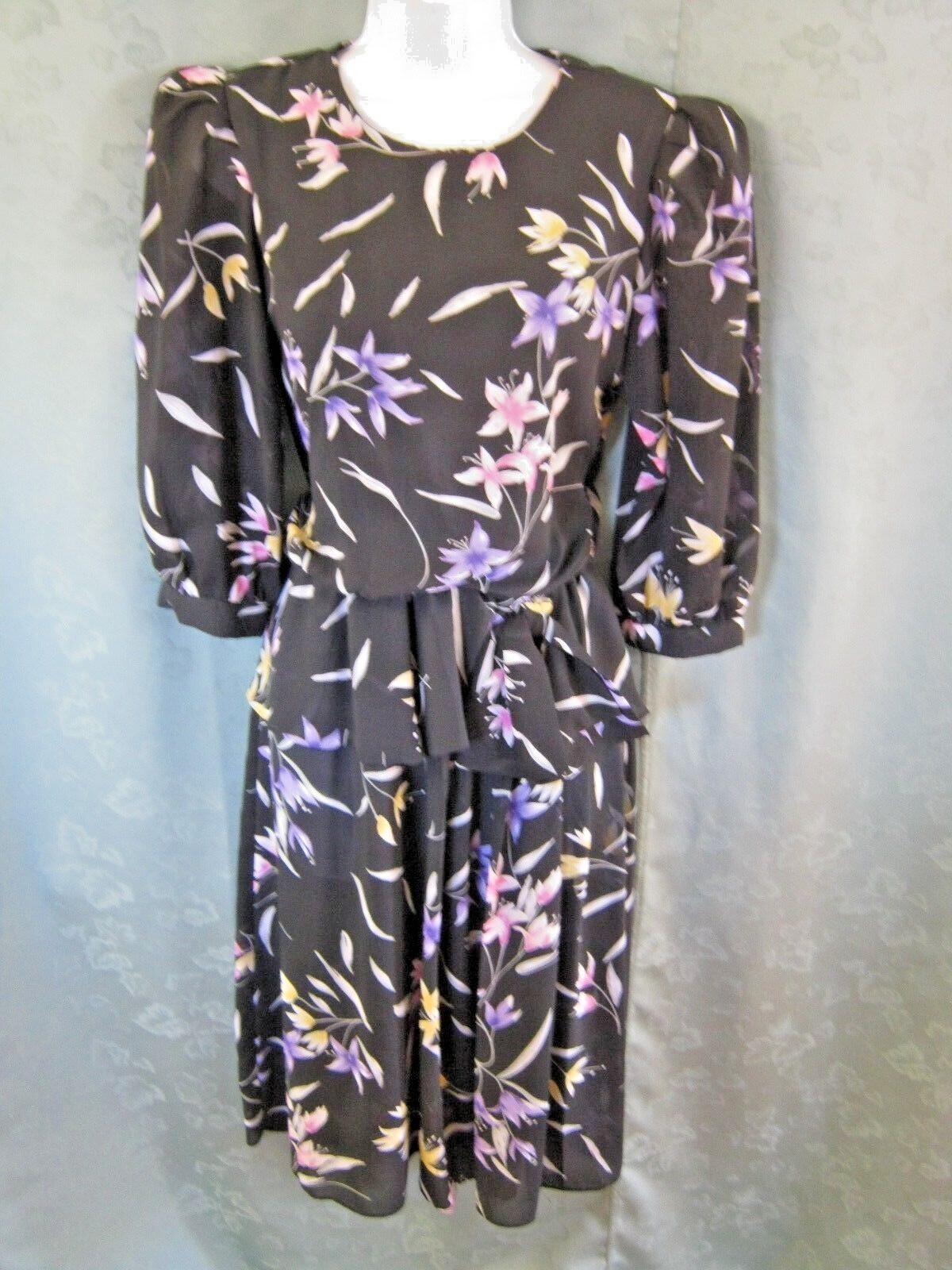 VTG 90s Charlee Allison Dress Size 7 / 8 Black & Multi Floral Sheer Peplum Waist