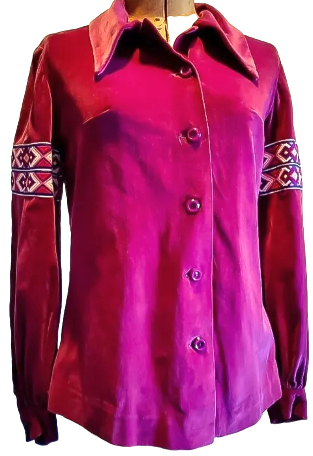 VTG 60s Fitted Velveteen Blouse Embroidered Ribbon Inset Sleeves Dagger Collar S