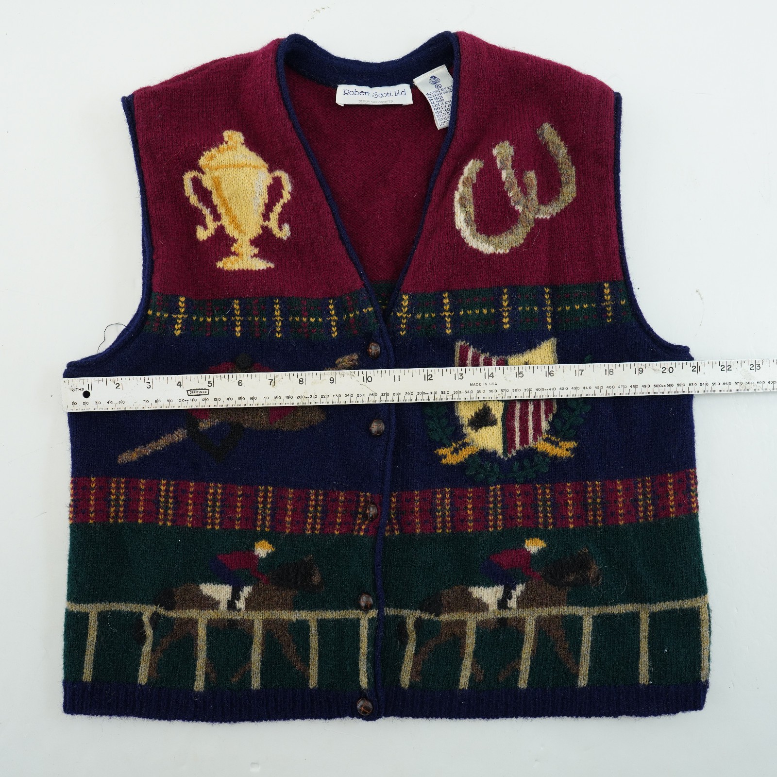 Robert Scott Ltd Vintage Sweater Vest women’s XL Hand Knit HORSE RACE equestrian