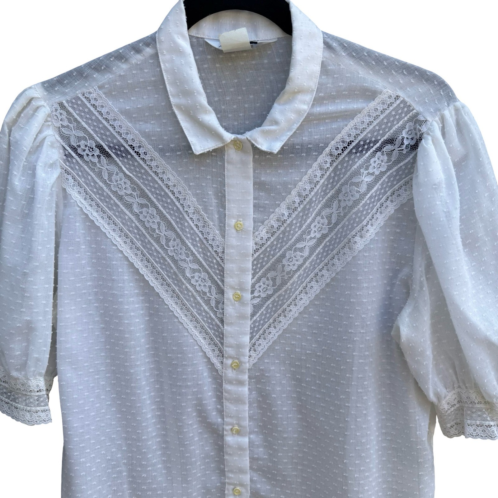 Alice Stuart Vintage Coquette White Swiss Dot Lace Puff Sleeve Blouse Victorian