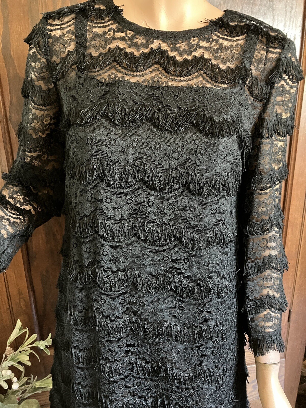 Vintage 1960’s-70’s LITTLE BLACK DRESS, 2 pieces, FRINGE & LACE over SATIN DRESS