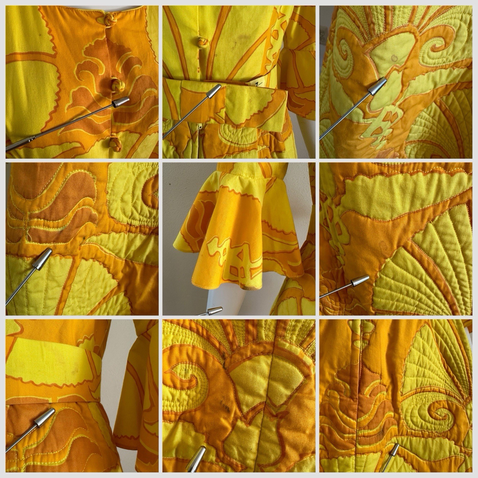 1960s Van Dee Bangkok Quilted Maxi Dress Psychedelic Bell Sleeve Resort Hostess