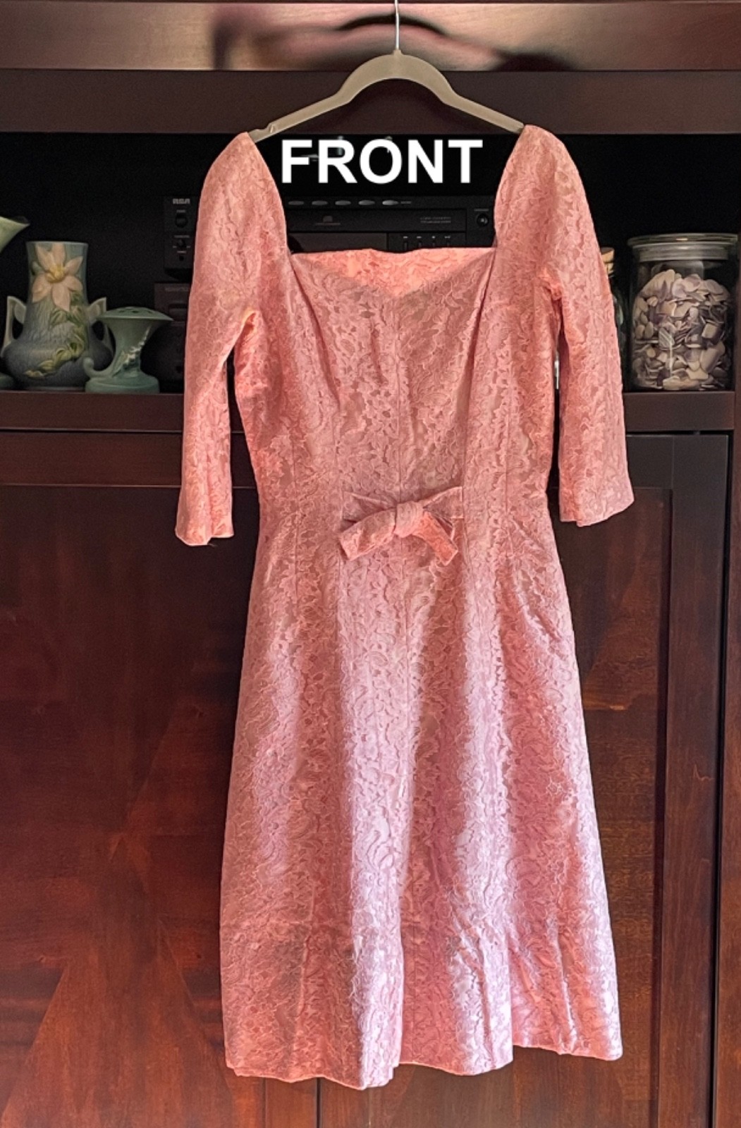 Vintage 1970s Lord & Taylor Rose Pink Lace Formal Dress Below the Knee