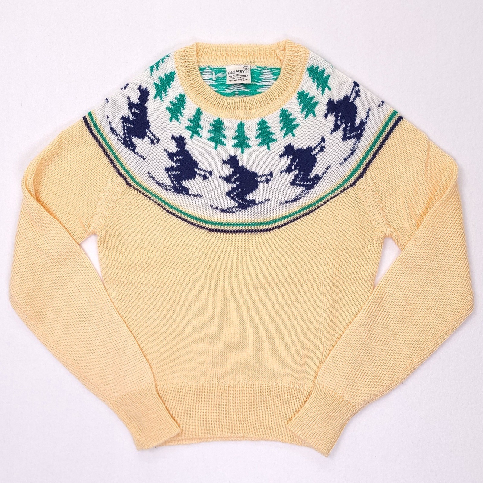 Vintage Skiing Bears Novelty Crewneck Sweater Yellow Acrylic Made in Korea M