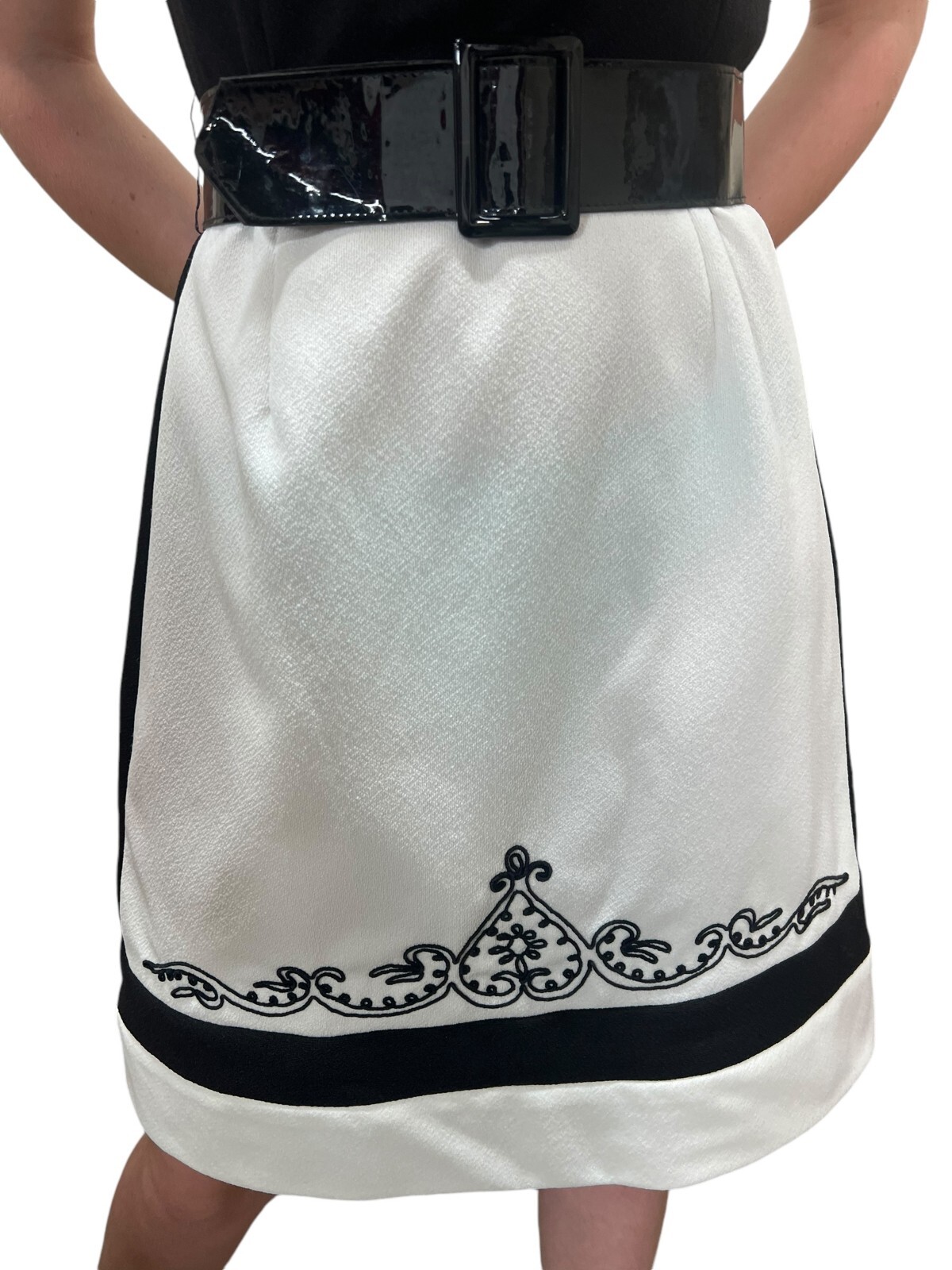 S~M Vtg 70s Mini Dress Fit Flare Soutache Braid Border Belted Knit Black White