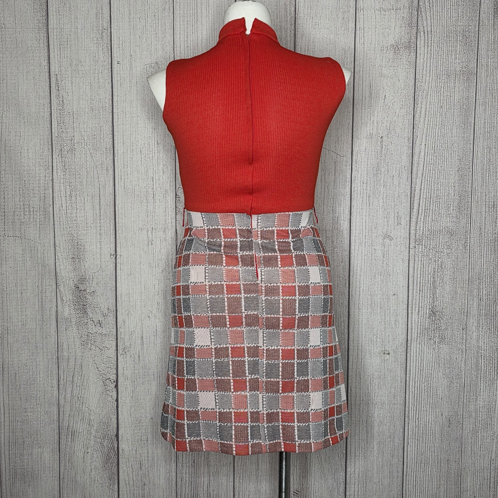 VTG 70s “It’s Better” Orange/Red Plaid Knit Dress & Blazer Set, sz Large