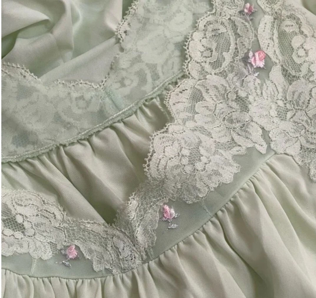 Vtg ShadowLine Pullover Long Nightgown Sz Sm Mint Green Lace Pink Rose Nylon USA