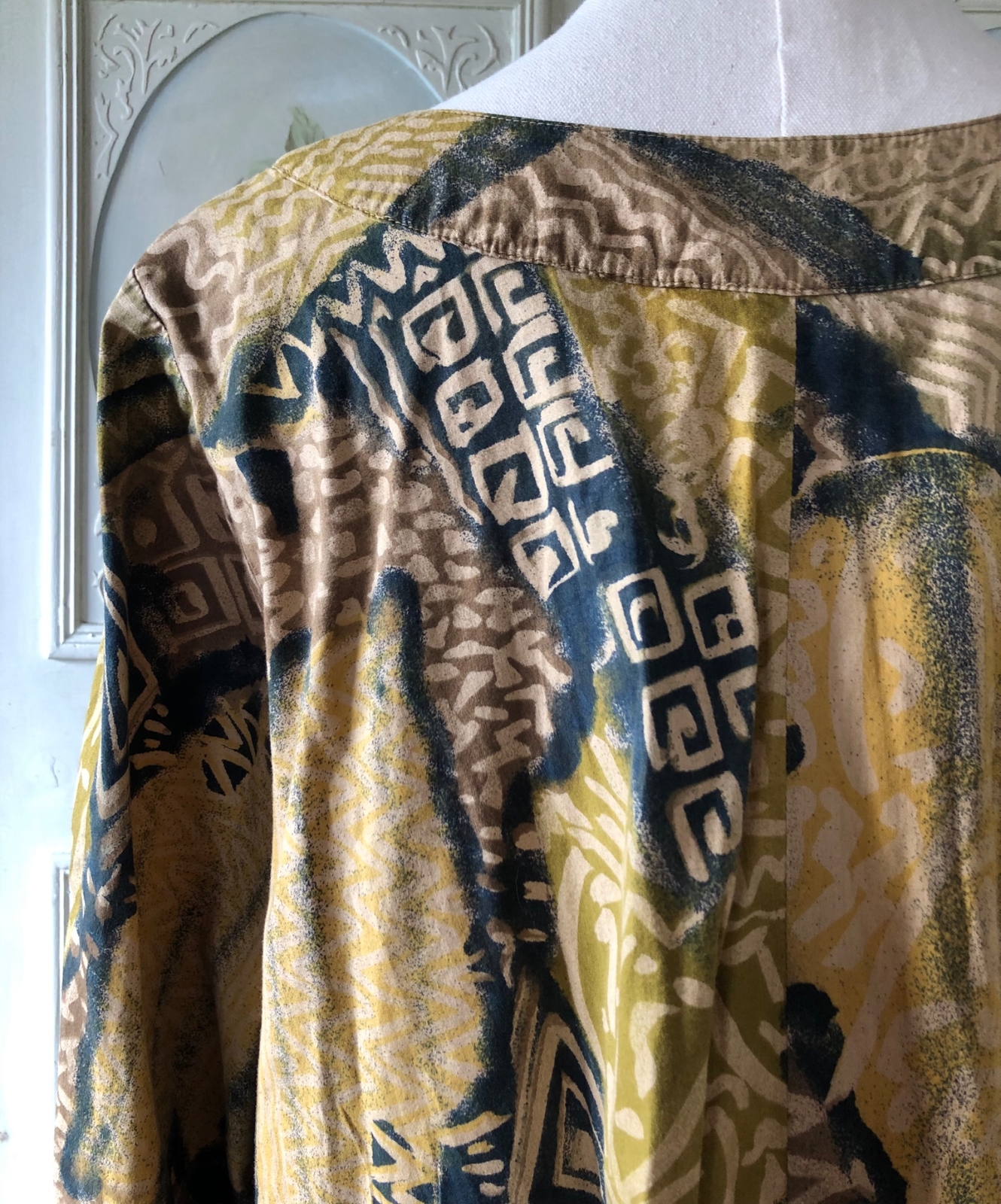 VTG BARBARA McCAINE ASHANTI COTTON DRESS SLEEVE TAN BROWN BLACK TIKI PRINT S EUC