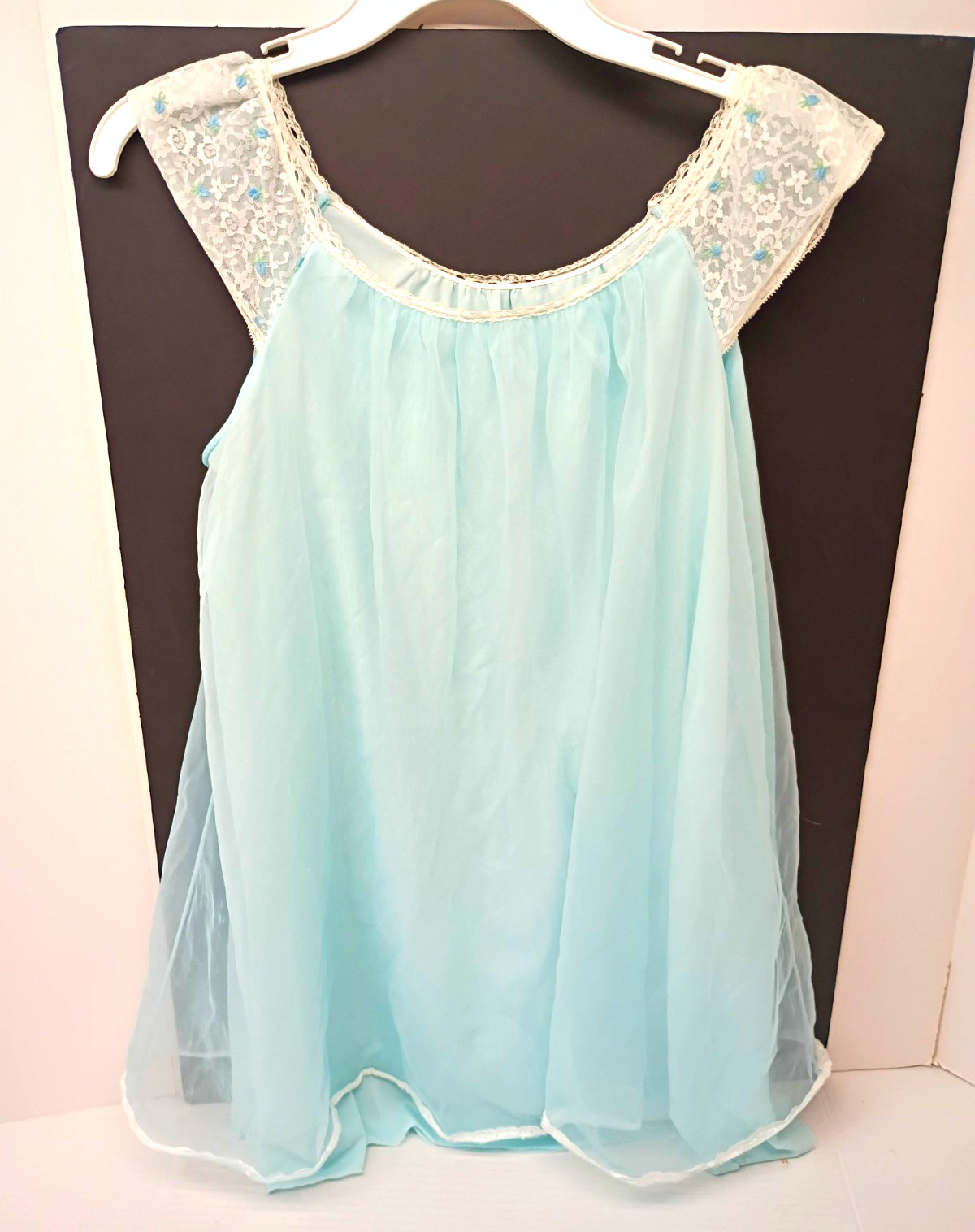 Miss Elaine Vintage Blue Babydoll Nightgown White Lace Trim Sheer 41″