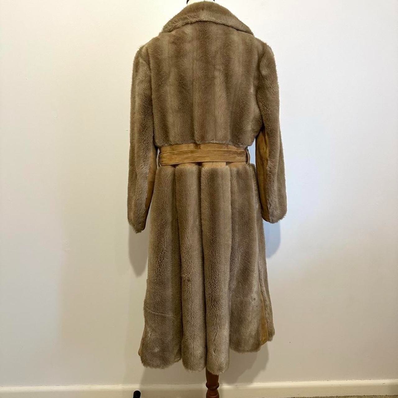 Vintage Faux Fur Coat Brown Genuine Suede Trim Belted Maxi Jacket AU 10-12