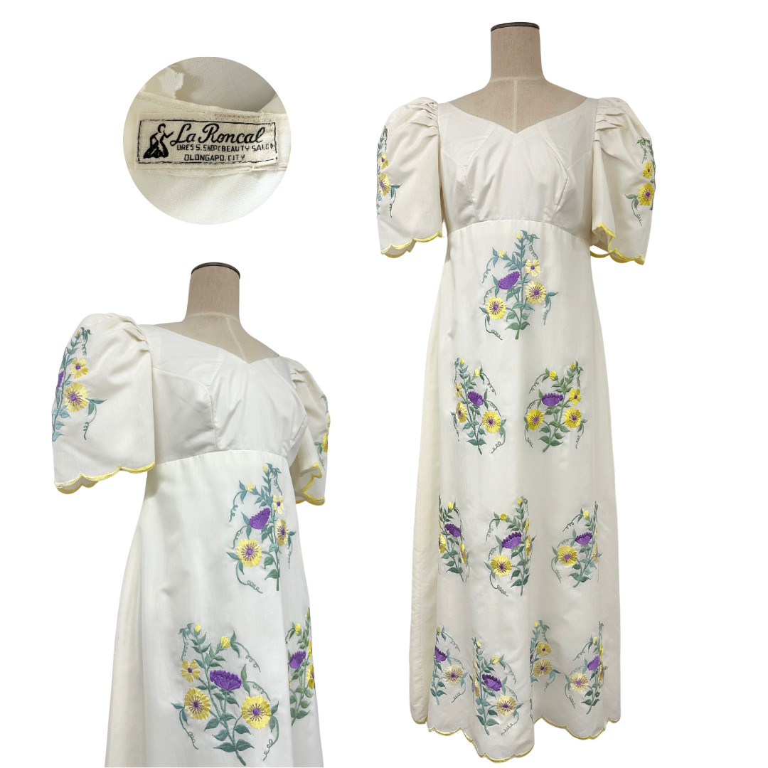 Vintage 1960s La Roncal Olongapo Filipiniana Puff Sleeve Embroidered Dress