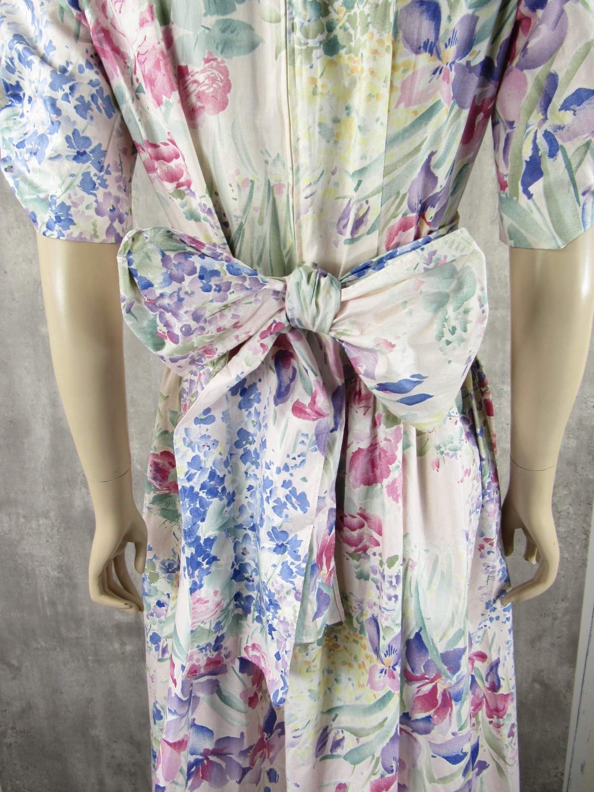 Vintage 80s Expo Floral Puffy Sleeves Big Bow Floral Cotton Midi Tea Dress S/M