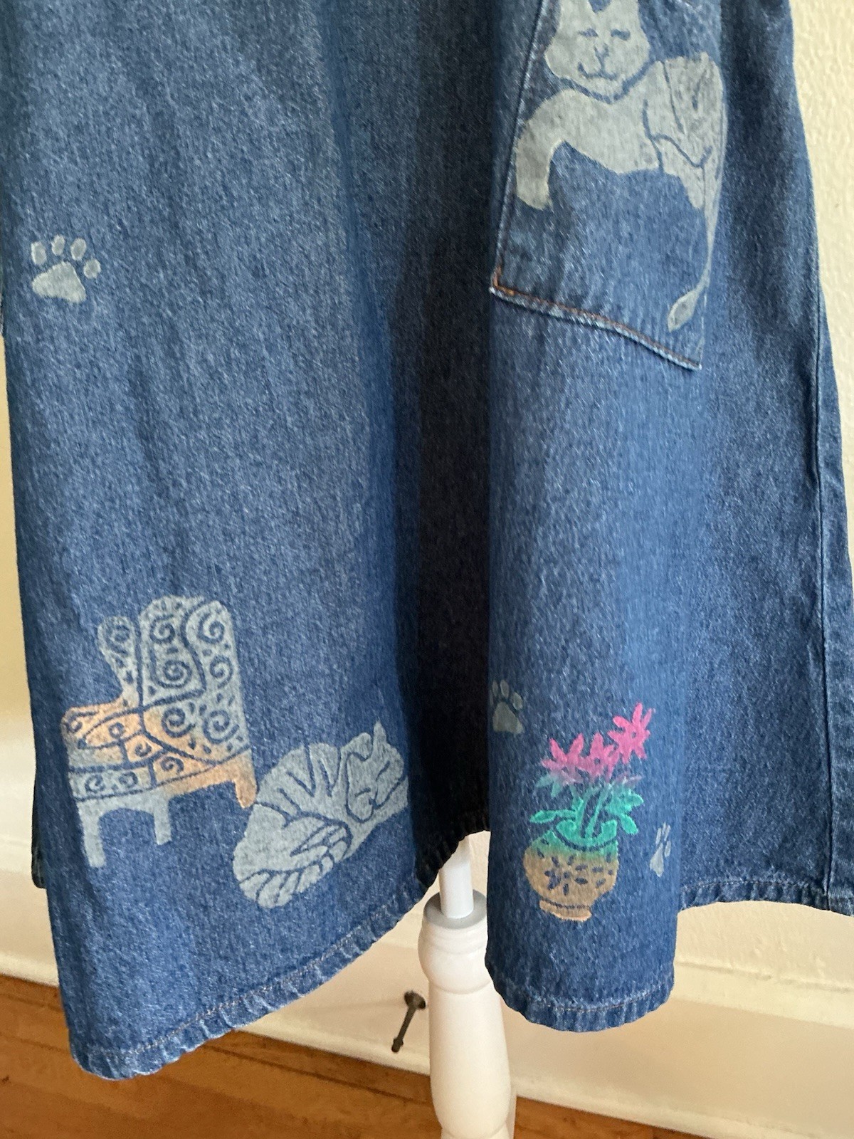 Vintage Rama USA Denim Dress Pockets Smock Hand Painted Cats Plants Comfy Boho L