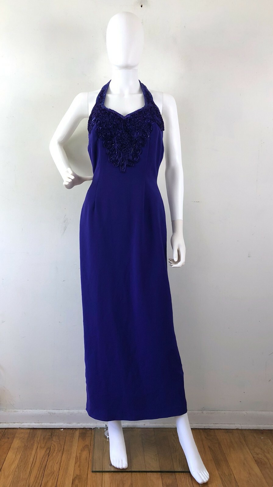 Vintage Dress Purple Halter Gown Size 6 Small Beaded Evening Ankle Length 1980s