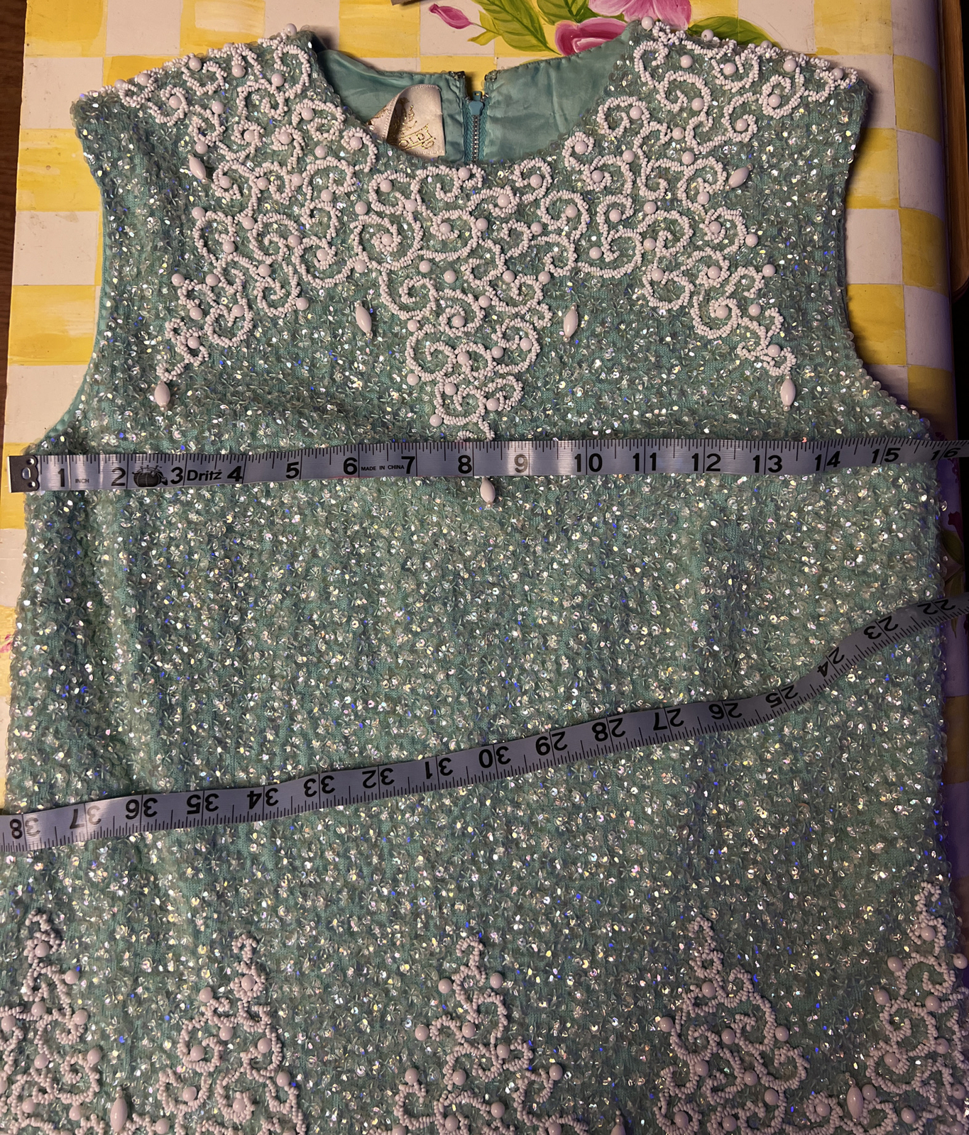 Vintage House of Gold Wool Heavily Blue Beaded Sequin Shirt Lined Zip Size 36