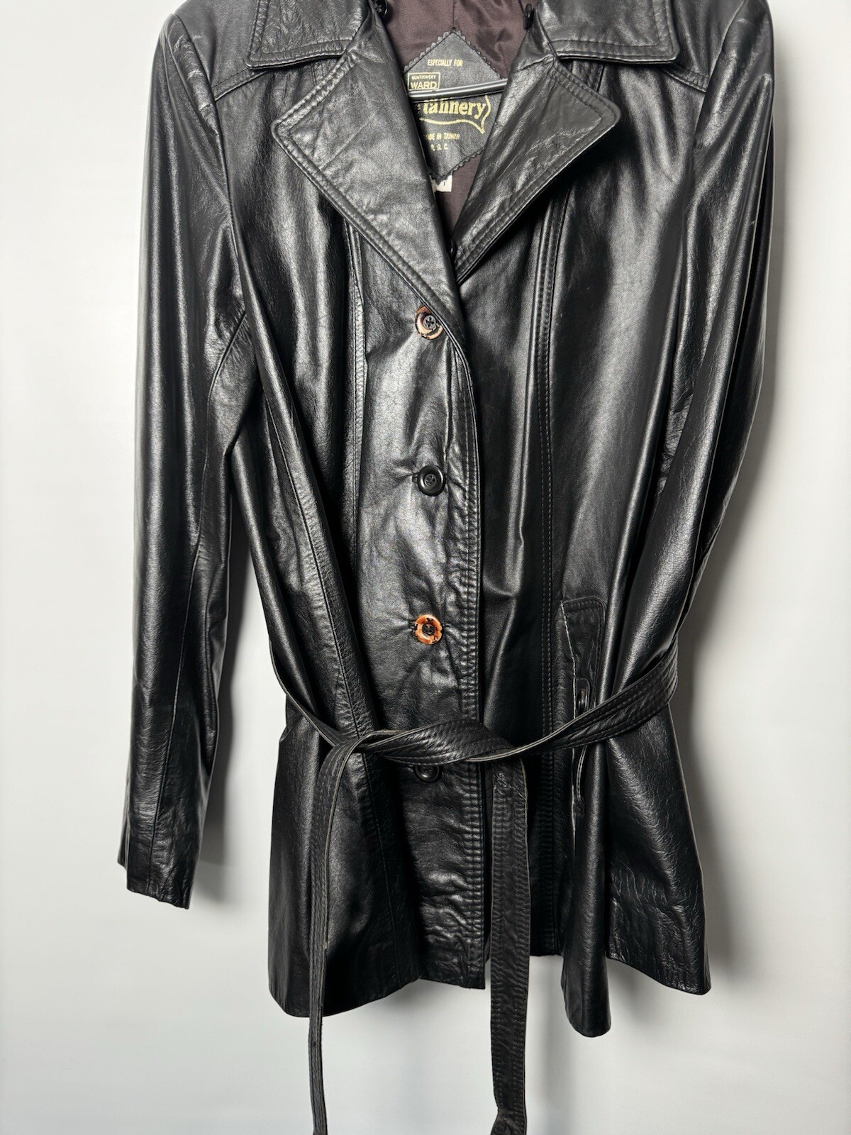 The Tannery Vintage Women’s Black Leather Jacket Montgomery Ward Button Up 14-T