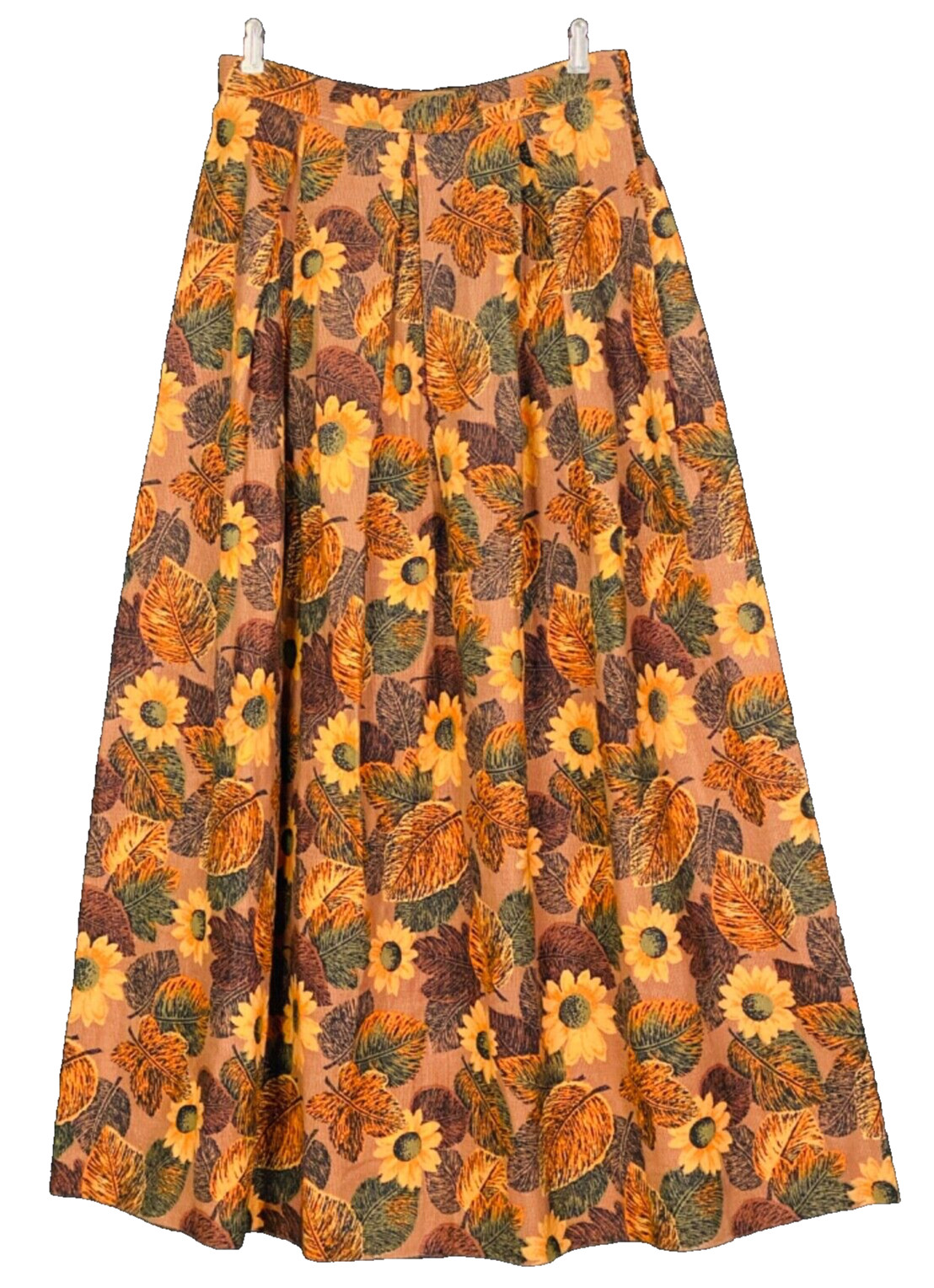 Vintage 1970s orange floral maxi skirt, woven boho yellow sunflower barkcloth L