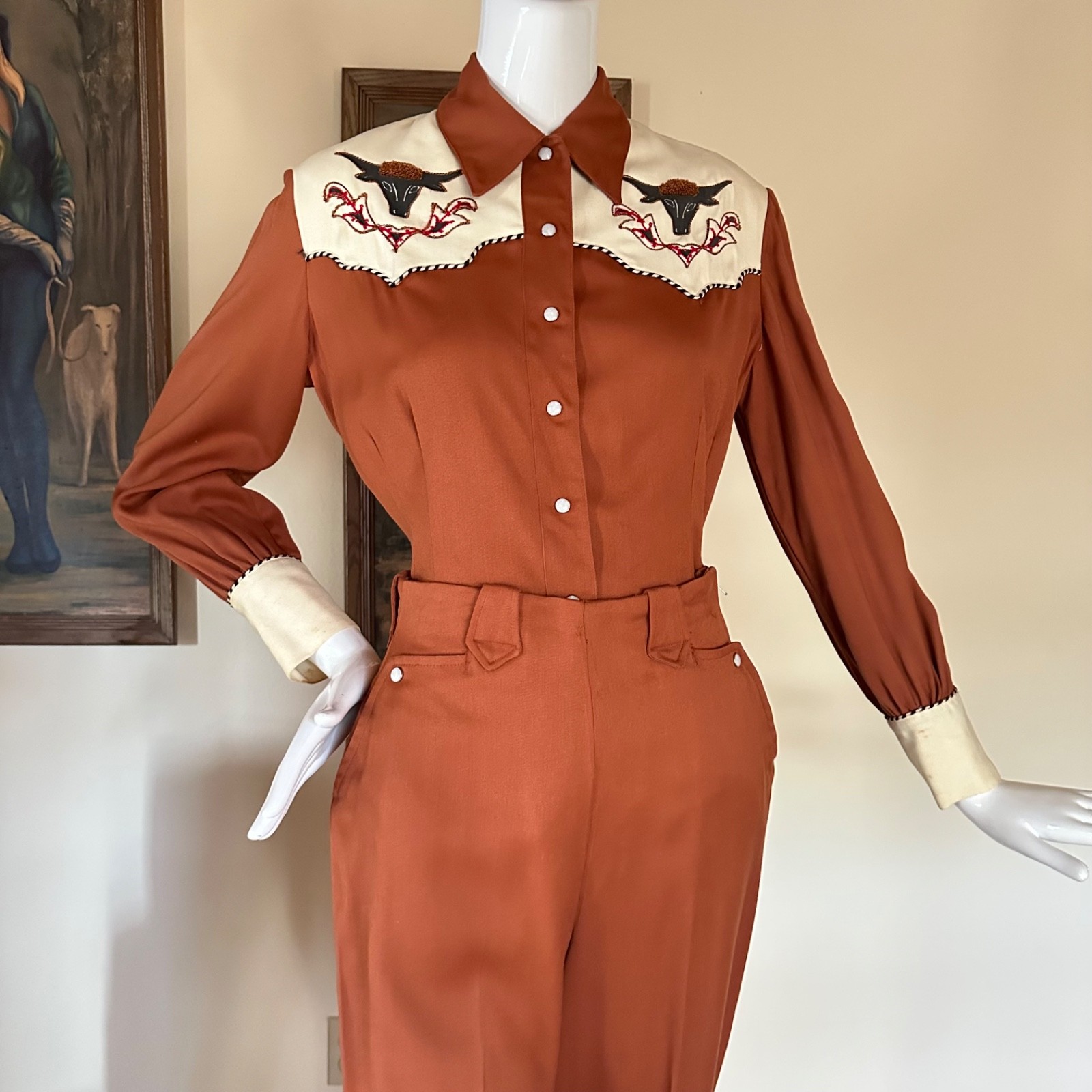 Vtg 1940s Embroidered Ranch Maid Western Wear 2 PC Shirt Pants Suit Rockabilly S