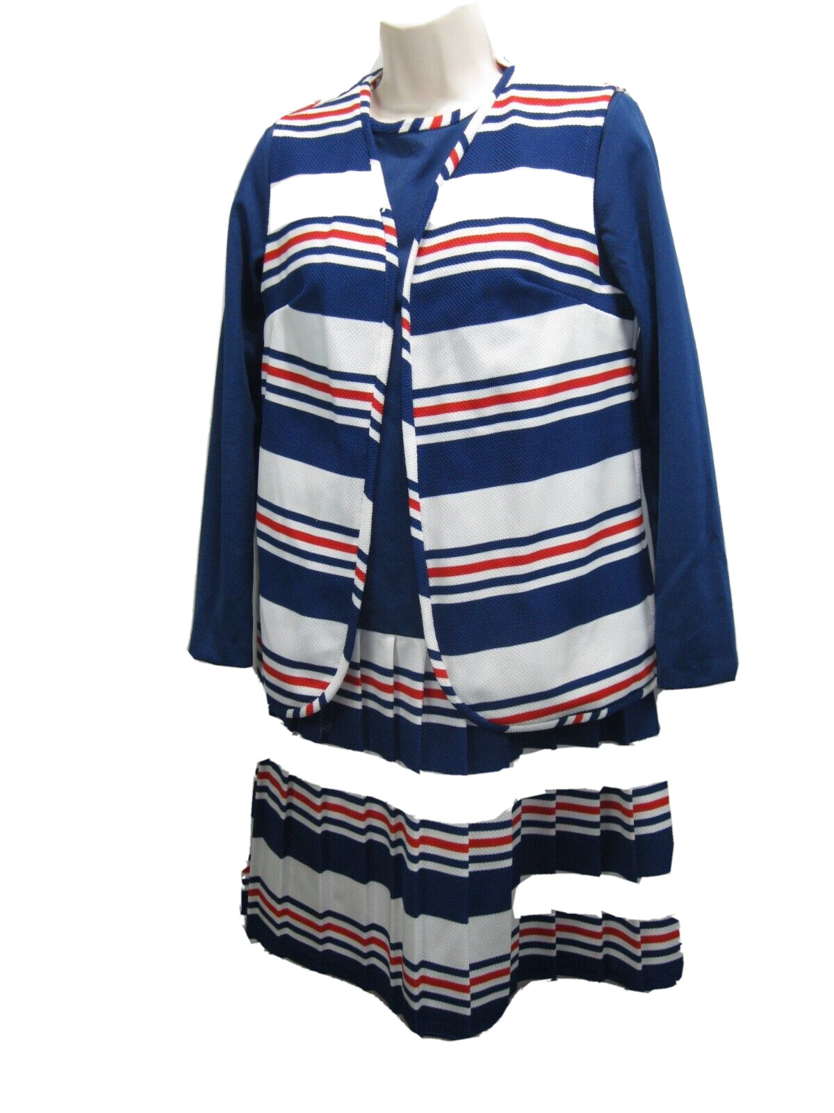 Vtg 60s Mod Fortrel Mini Dress w/Vest Sz.12 Petite Red/Blue/White Striped GUC!