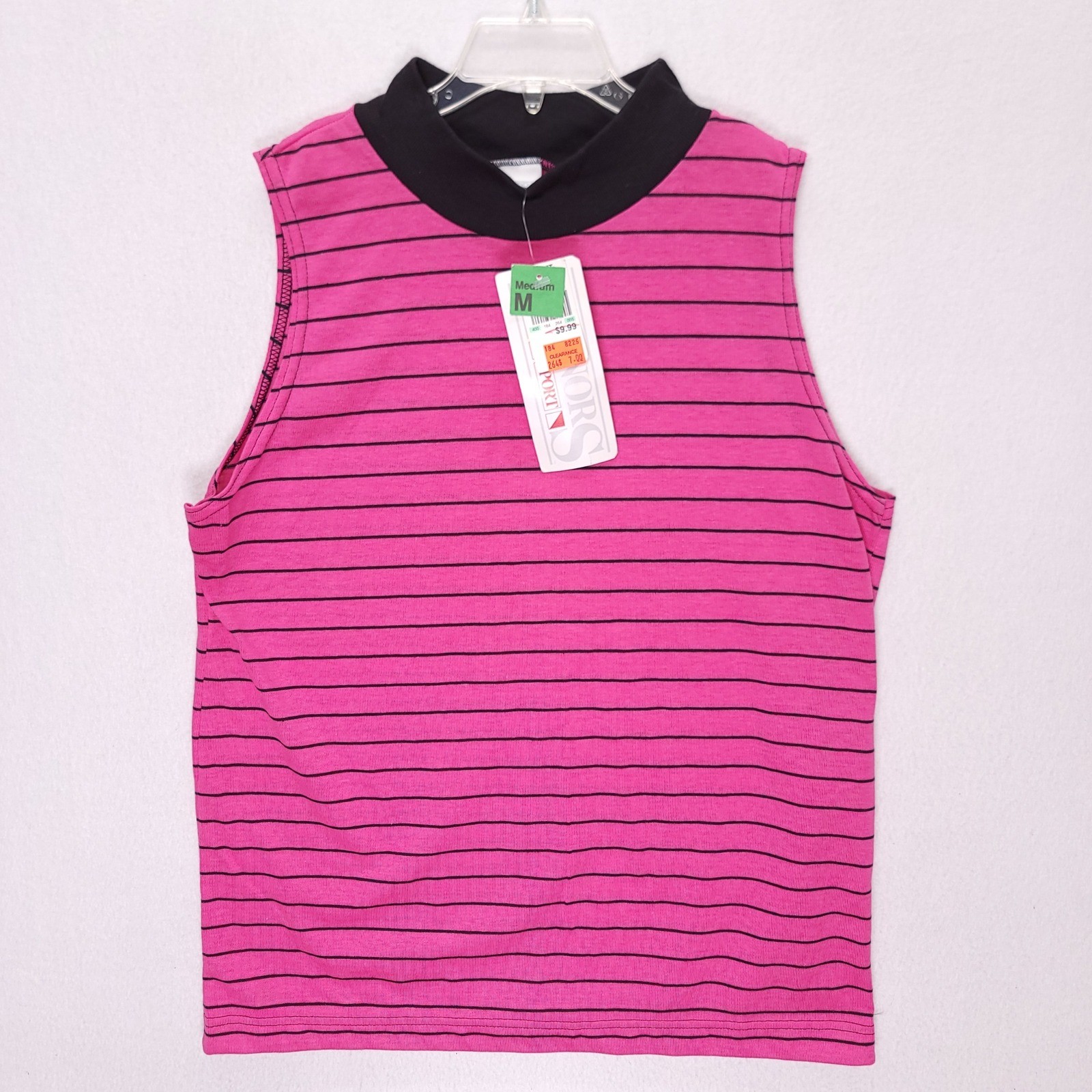 Vintage 90s Honors Sport Fuchsia Black Striped Mock Neck Tank Top NWT Medium