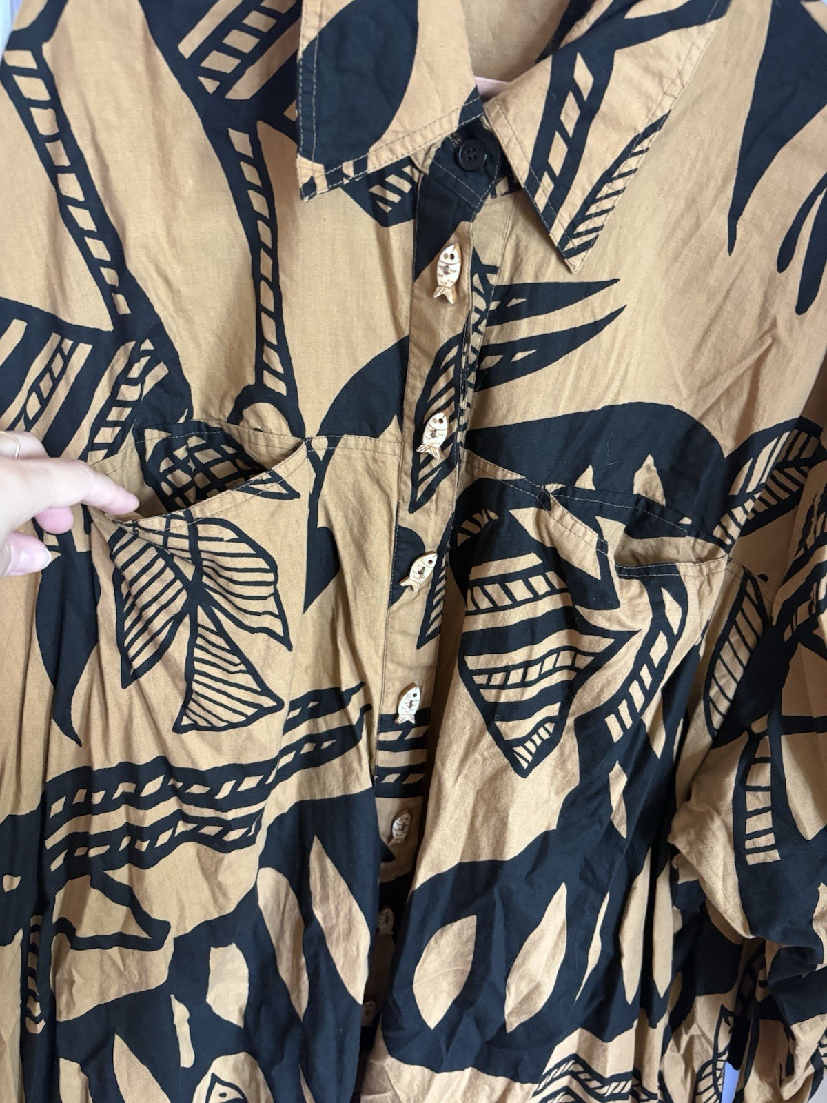 Vintage Plus Size Printed Cotton Tunic with Black Fish Leaf Pattern Size 1X-2X