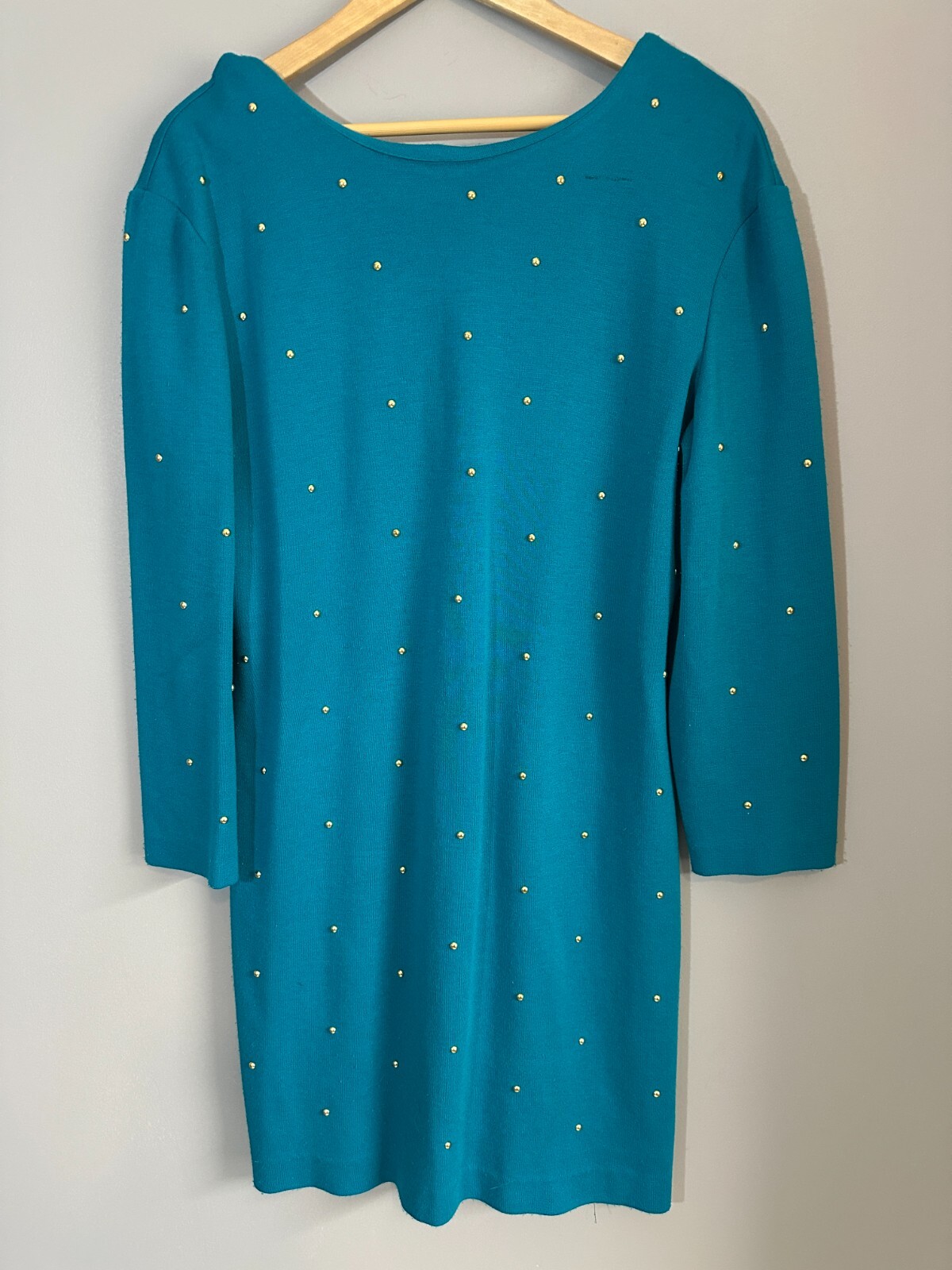 Vintage 80s Irresistible Sue Eng Sweater Dress Womens M/L Teal Knit Bead Scoop