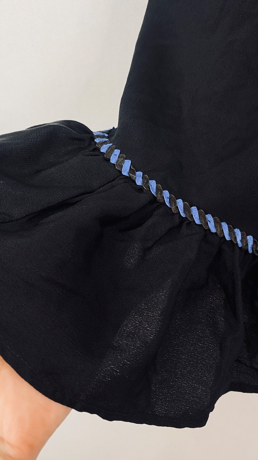 Vintage 1900s black dress XXS teen girls’ long puffed sleeves blue lace midi