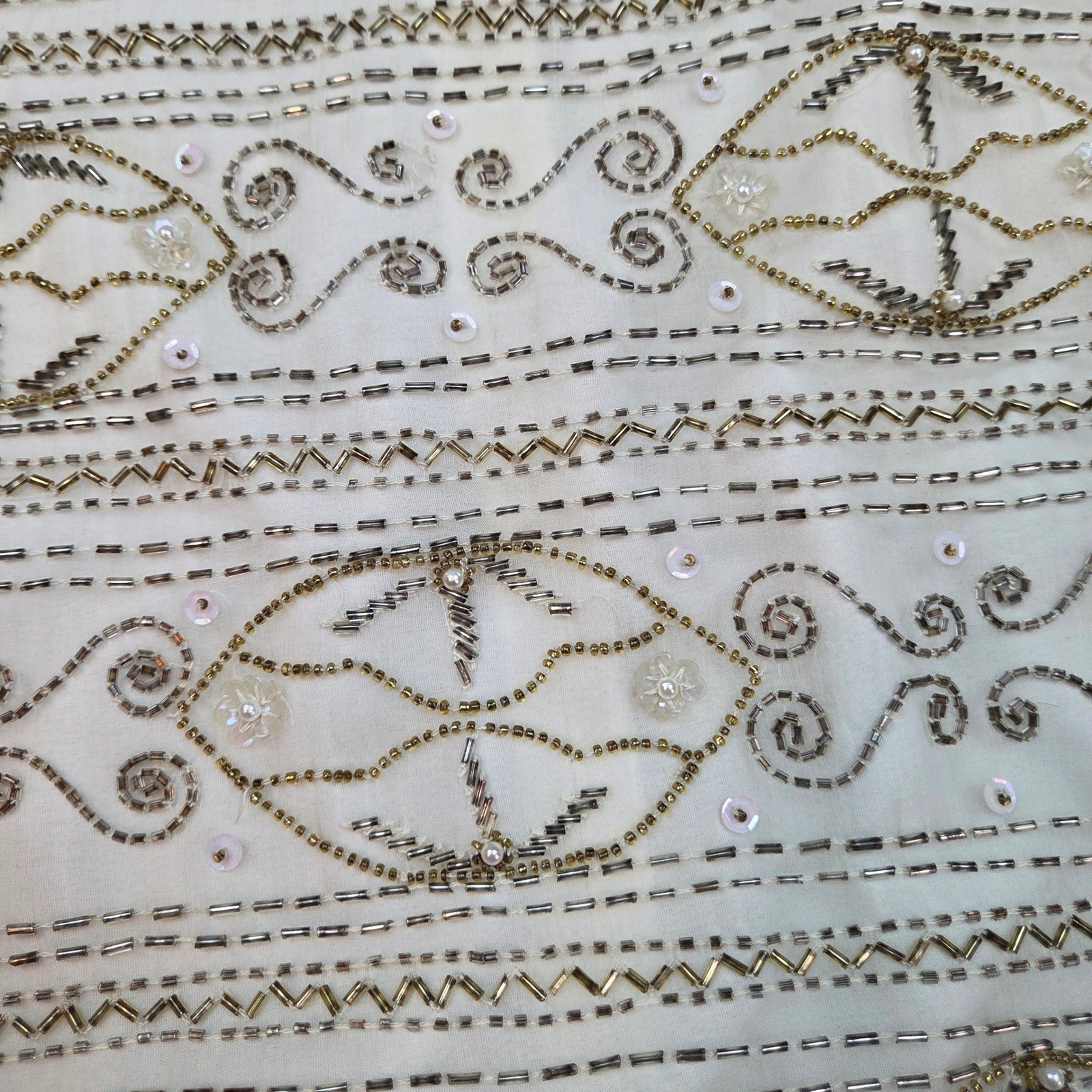 Laurence Kazar Beaded Silk Top Women XL Cream Gold Vintage Evening Scalloped Hem