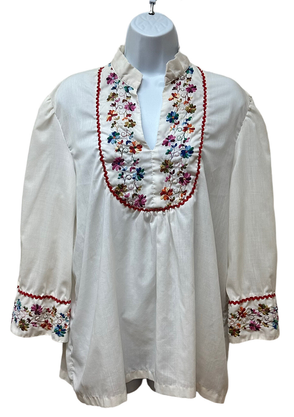 Vintage Folk Art Embroidered Cotton Peasant Tunic Top Boho Art to Wear