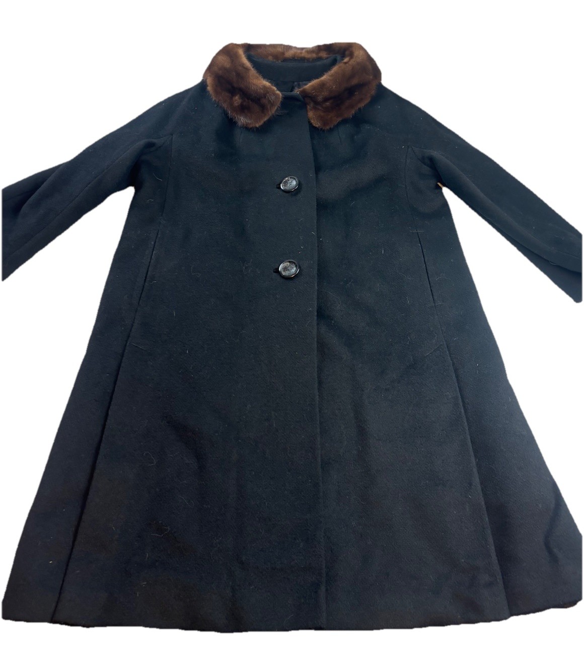 Lorna Lee Solid Black Fur Collar L/SL Wool Long Winter Coat Size Large Vintage