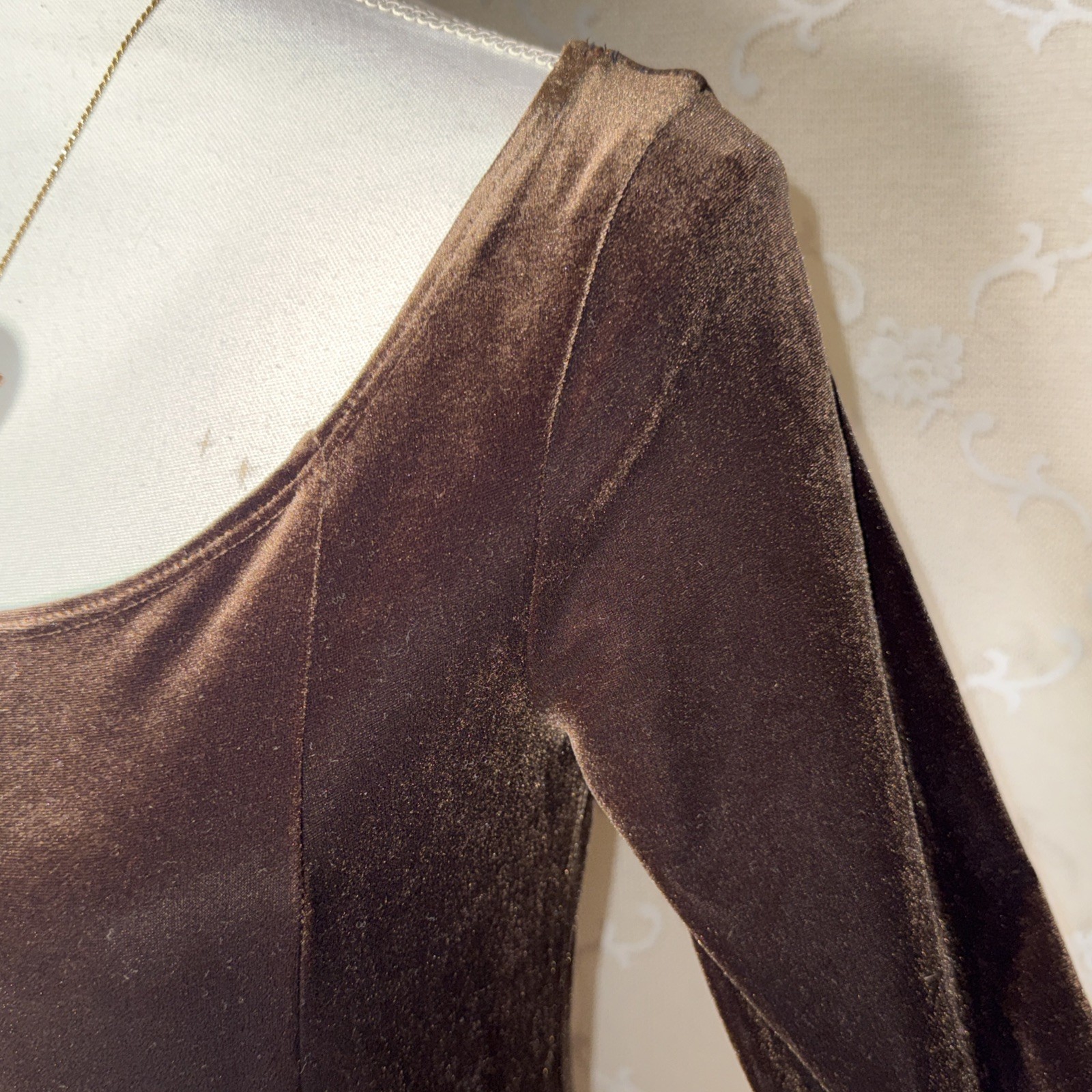 VTG Eddie Bauer Brown Flat Stretch Velvet Long Shift Dress Size Medium 36 Bust
