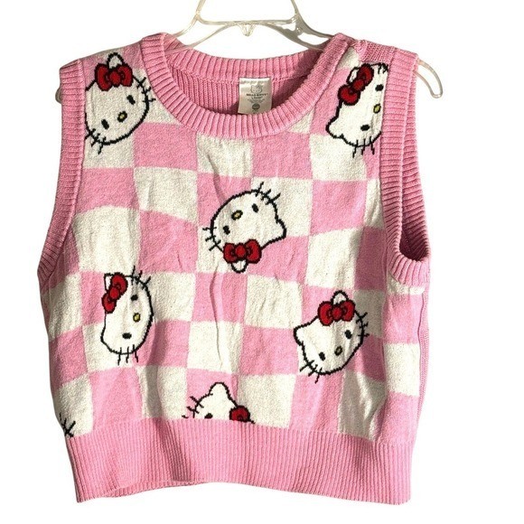 Hello Kitty Pink Checkerboard Cropped sweater Knit Vest size XL