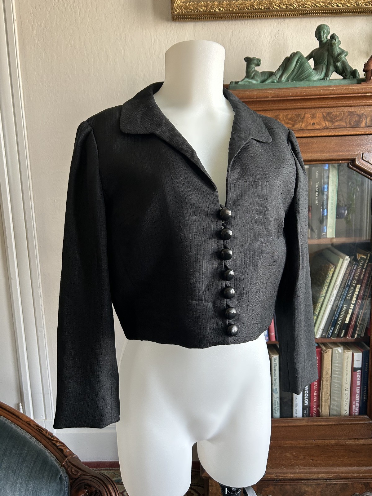 Vintage 1950s 60s Adele Simpson – Cropped Black Button Lined Jacket Small/med