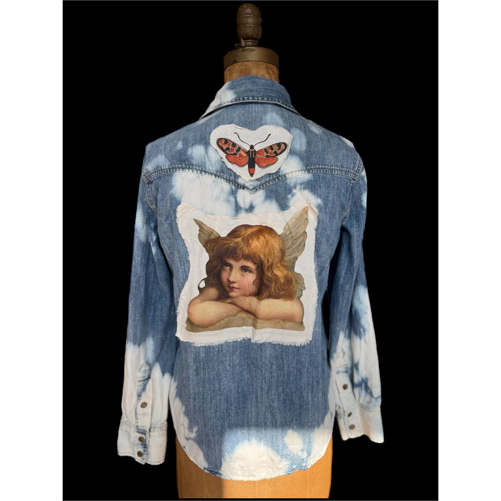 Upcycled Madewell Denim Shirt Cherub Patch Small Boho Folk Art