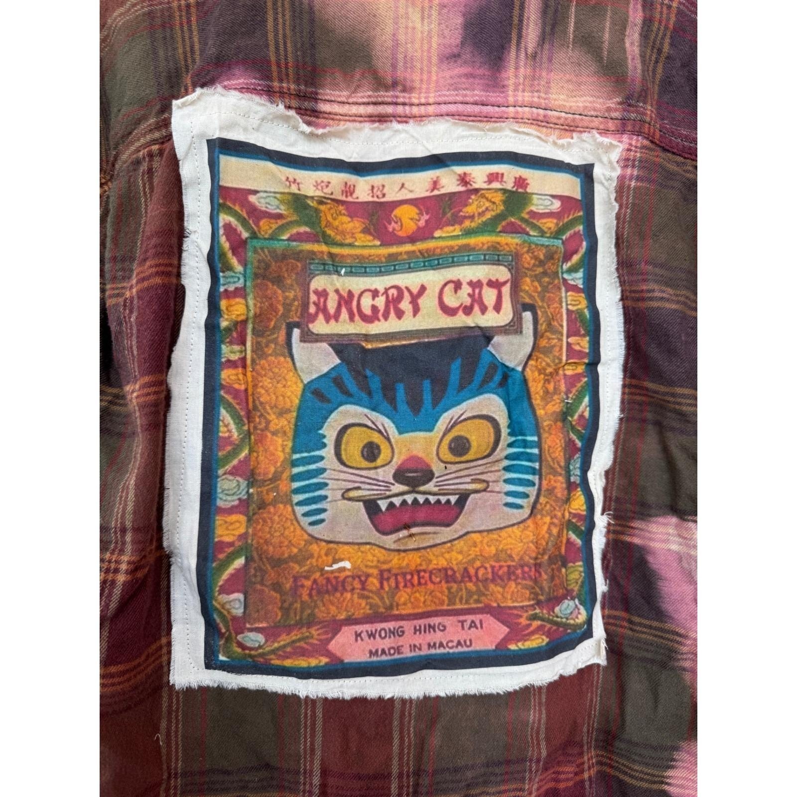 Upcycled Flannel Shirt Angry Cat Patch Grunge Art Large